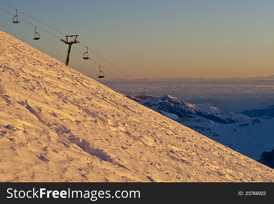 Funicular in the mountains in the evening