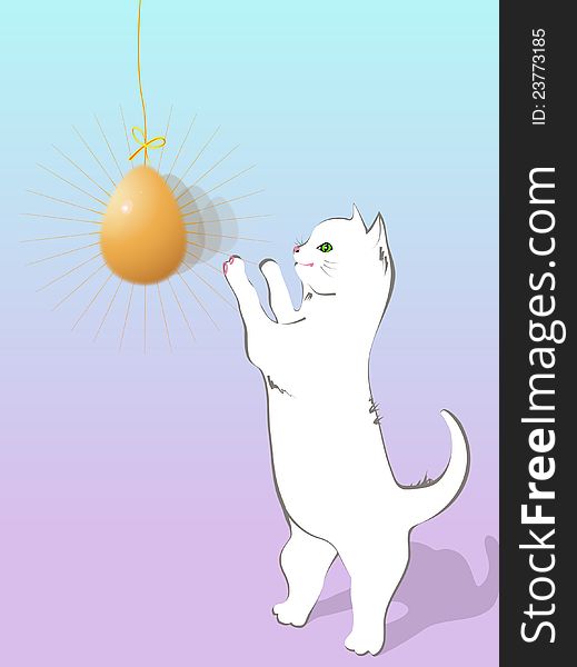 White cat and yellow egg on an easter card