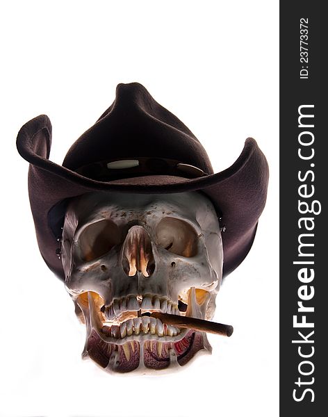 Skull with hat and cigarett, non smoking concept. Skull with hat and cigarett, non smoking concept