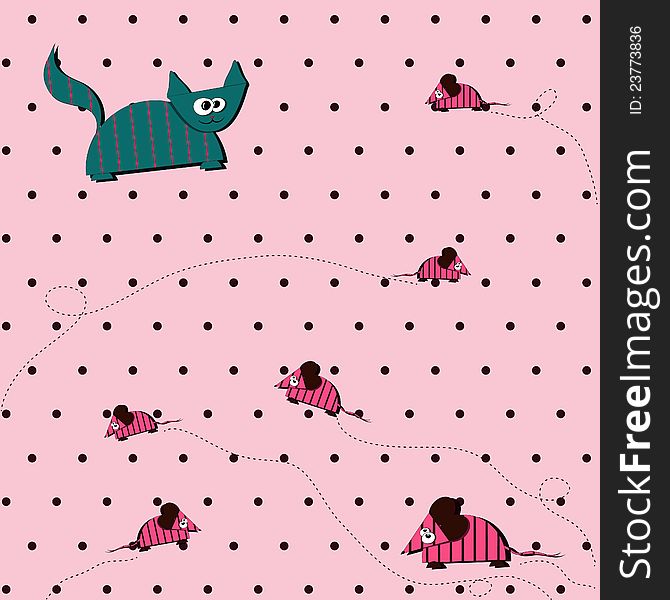 Seamless Polka Dot Background With Cat And Mouse