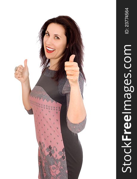 Happy smiling business woman with thumbs up gesture, isolated on white background