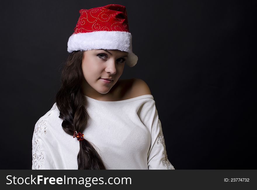 New year girl in red white on black