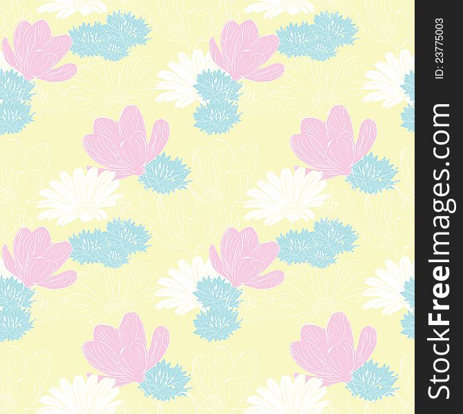 Floral seamless background with a light field with spring flowers