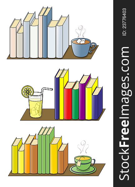 An illustration of three bookshelves, winter books with a cup of hot chocolate, summer books with a glass of lemonade, and fall books with a cup of tea. An illustration of three bookshelves, winter books with a cup of hot chocolate, summer books with a glass of lemonade, and fall books with a cup of tea