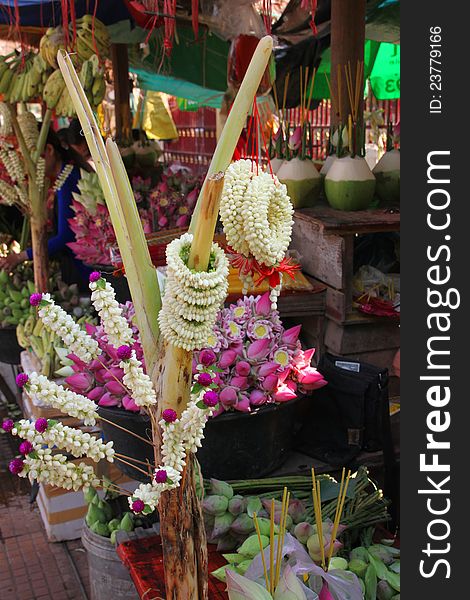 Lotus, jasmine flowers and garland for Buddha and religious offering. Lotus, jasmine flowers and garland for Buddha and religious offering