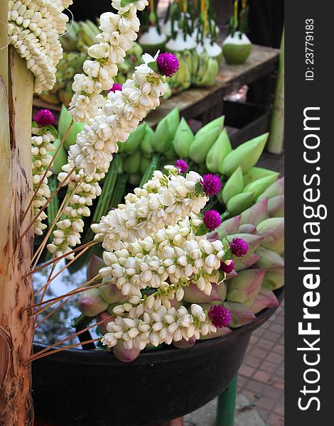 Lotus, jasmine flowers and garland for Buddha and religious offering. Lotus, jasmine flowers and garland for Buddha and religious offering