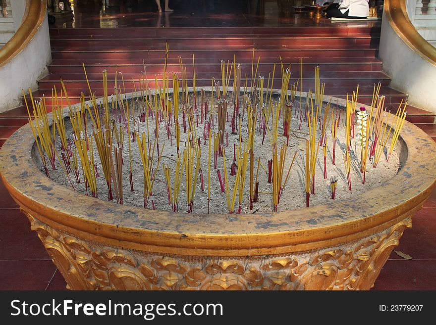 Joss sticks in pot for Buddha and religious offering. Joss sticks in pot for Buddha and religious offering