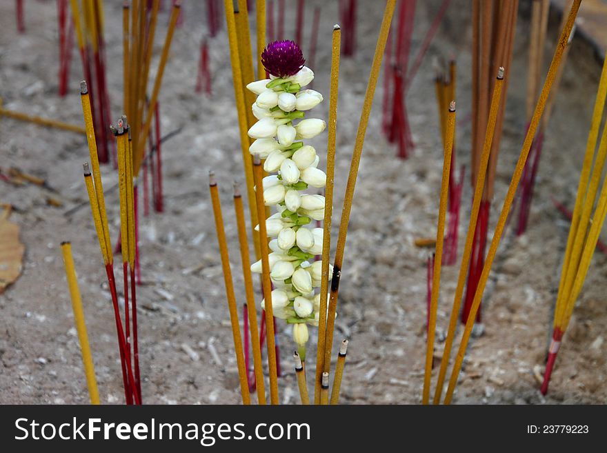 Joss sticks and jasmine flower in pot