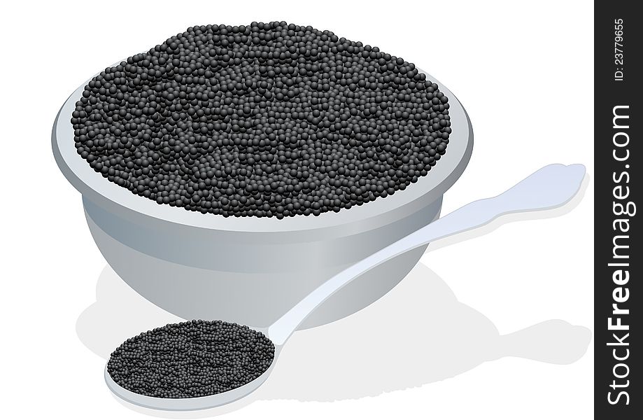 A cup and a spoon with sturgeon caviar. The illustration on a white background. A cup and a spoon with sturgeon caviar. The illustration on a white background.