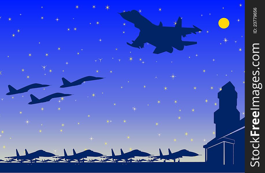 Night Landscape. Military aircraft on the airfield. Night Landscape. Military aircraft on the airfield