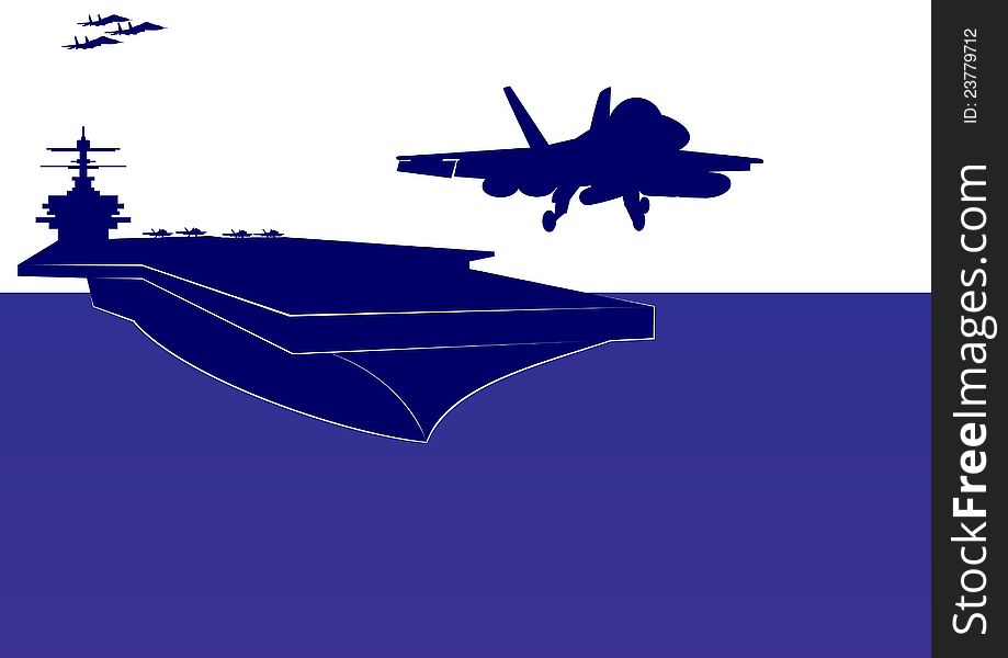 The plane takes off from the deck of an aircraft carrier. The illustration on the military theme. The plane takes off from the deck of an aircraft carrier. The illustration on the military theme.