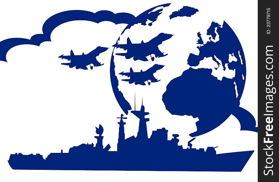 Warship and military aircraft to link the background of the Earth. The illustration on a white background. Warship and military aircraft to link the background of the Earth. The illustration on a white background.