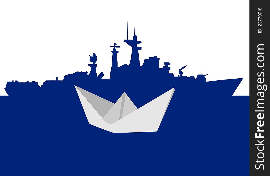 Warship and a paper boat. The illustration on a white background. Warship and a paper boat. The illustration on a white background.