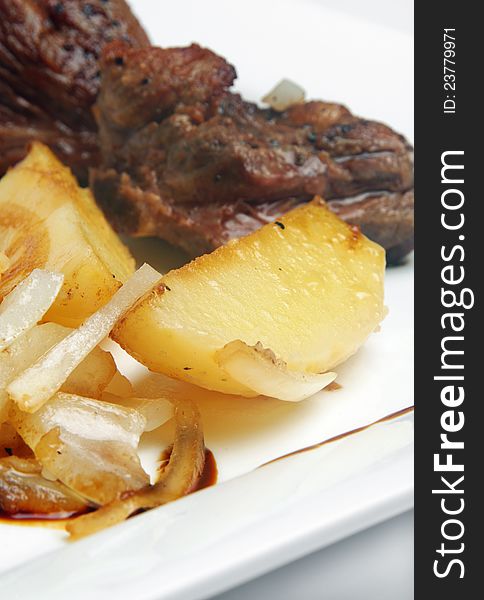 Bone steak meat with potato. Bone steak meat with potato