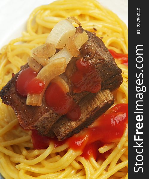 Bone steak meat with spaghetti. Bone steak meat with spaghetti