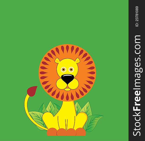 Cute cartoon lion: vector illustration on a green baclground. Cute cartoon lion: vector illustration on a green baclground