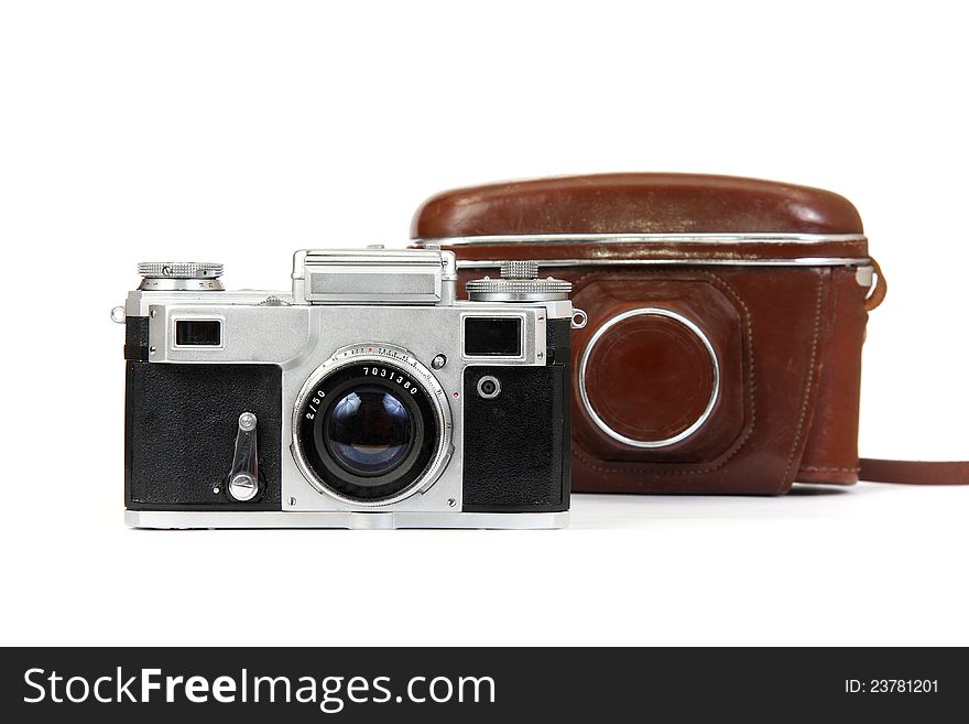 Old camera and case. On white background.