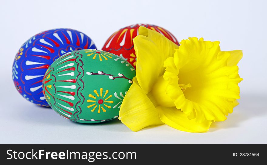 The Easter eggs and yellow narcissus
