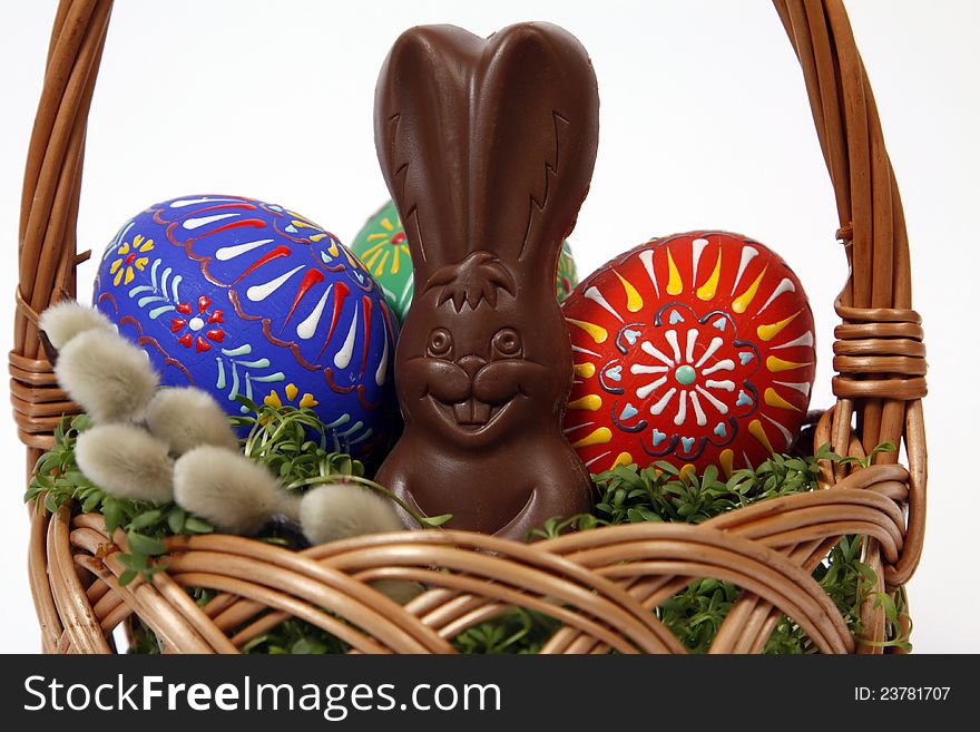 The Easter Basket with Eggs and little hare. The Easter Basket with Eggs and little hare