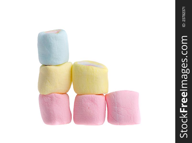 Stack colorful marshmallows on a white background
