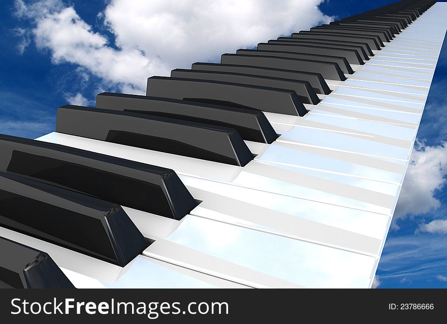 Piano  flying in the sky.