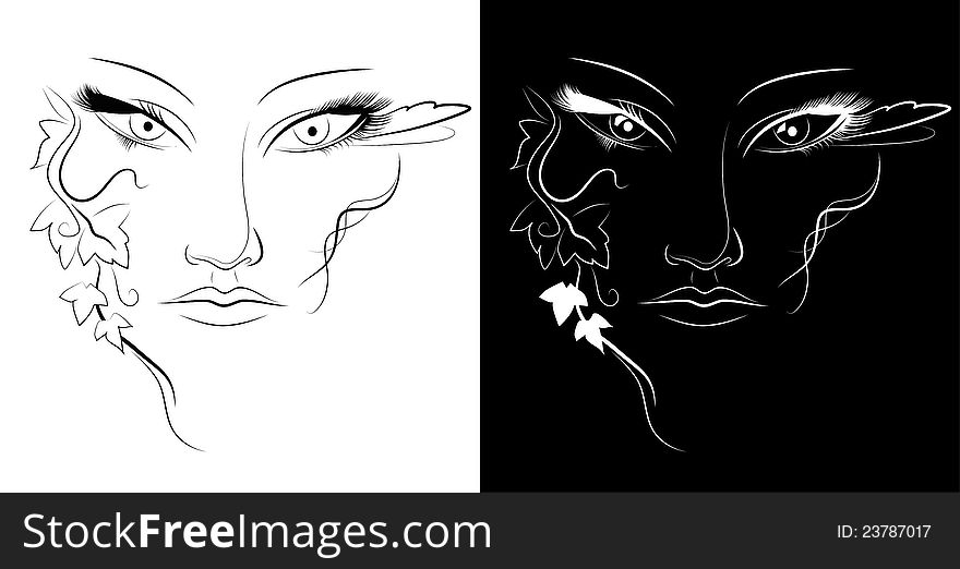 Illustration of mysterious face. Black and white.