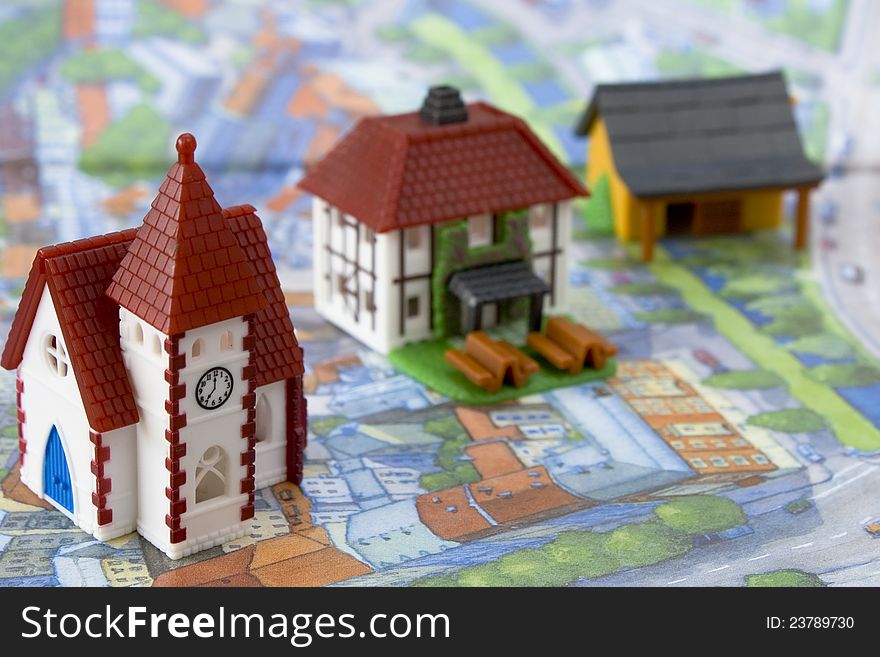 Village miniature with church and houses. Village miniature with church and houses