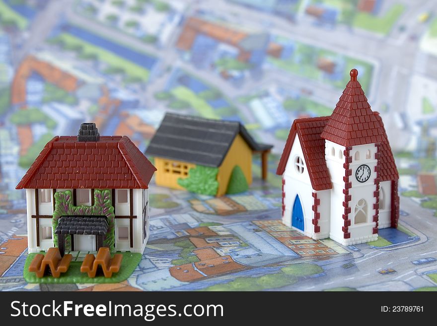 Village miniature with church and houses. Village miniature with church and houses
