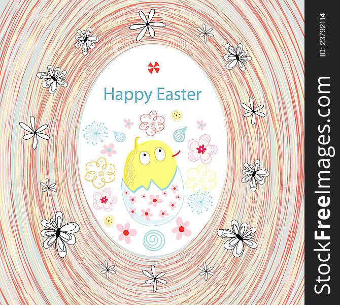 Bright cheerful Easter card greeting with chicken and flowers. Bright cheerful Easter card greeting with chicken and flowers