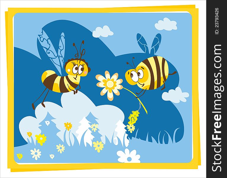 Cute postcard in retro style with funny bees. Cute postcard in retro style with funny bees