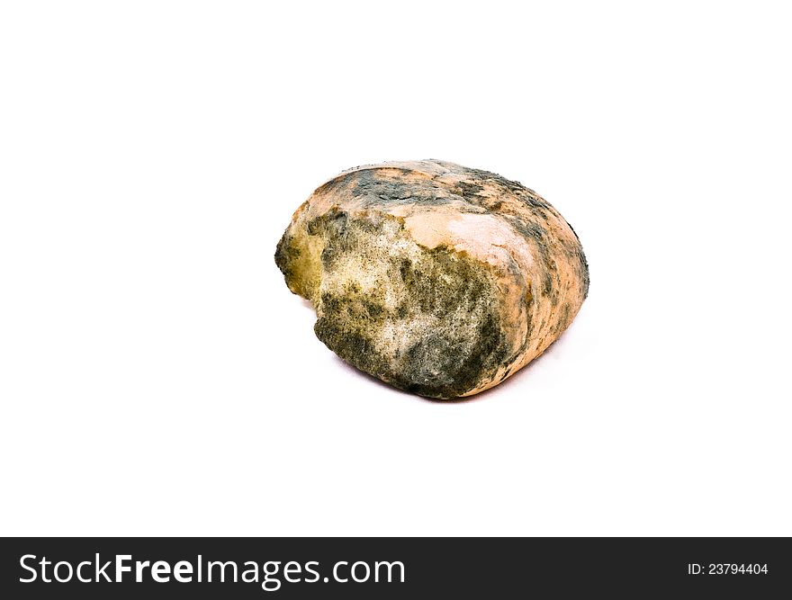 A piece of white bread with mould isolated on white background. A piece of white bread with mould isolated on white background