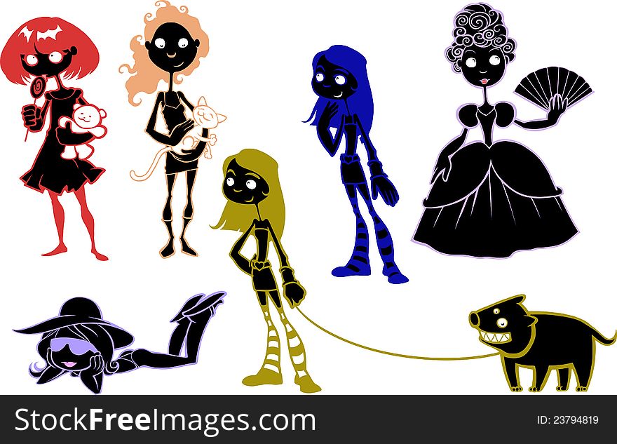 Collection of six different female figures in black silhouette. Collection of six different female figures in black silhouette