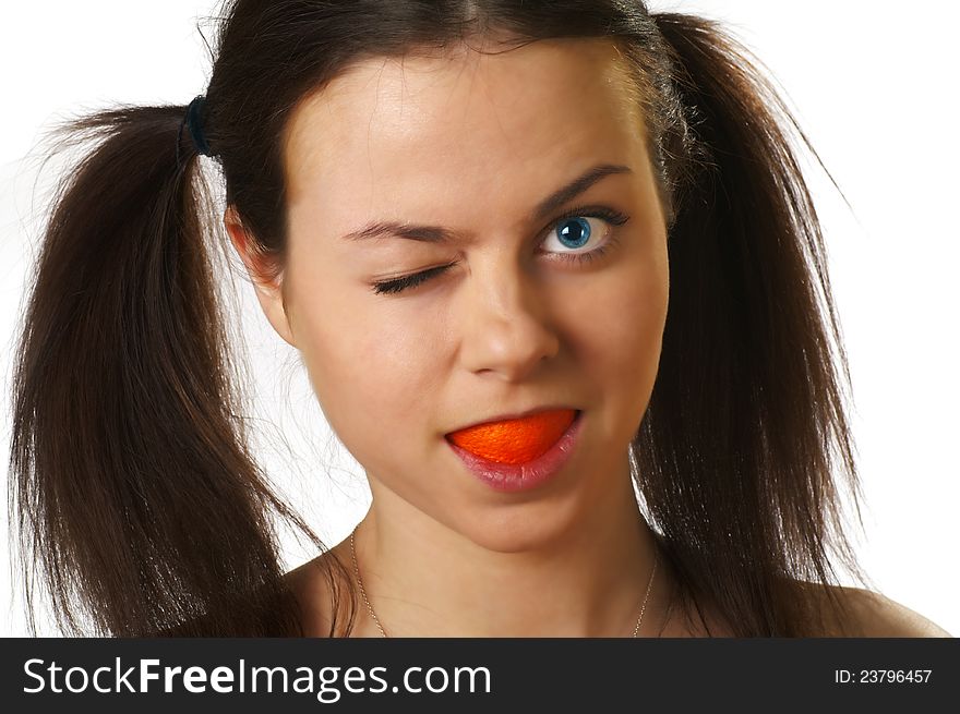 Smiling girl with orange peel