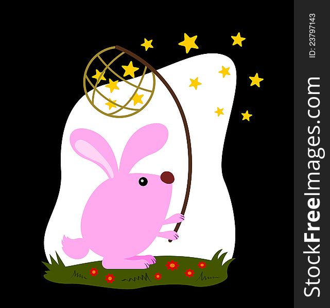 A cute bunny rabbit trying to catch stars with his net. A cute bunny rabbit trying to catch stars with his net