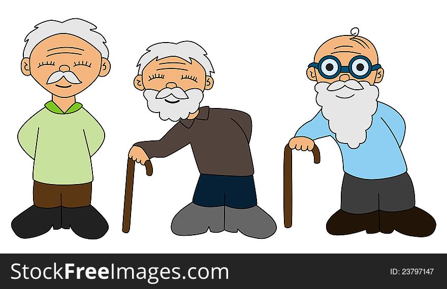 A set of cute cartoon illustration of elderly men. A set of cute cartoon illustration of elderly men