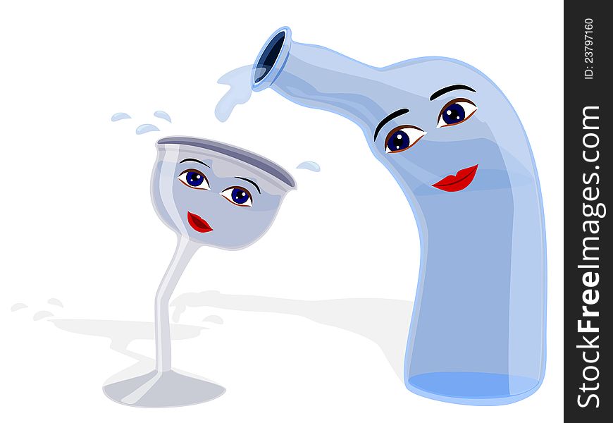 A humorous illustration of a wine bottle pouring liquid on a wine glass. A humorous illustration of a wine bottle pouring liquid on a wine glass