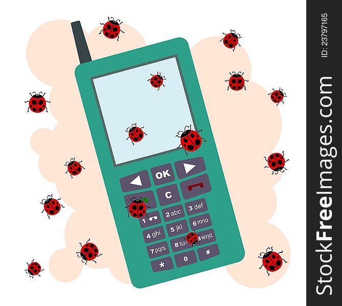 A cellphone with lots of lady bugs crawling on it. A cellphone with lots of lady bugs crawling on it