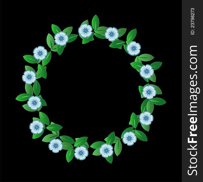 Wreath with light-blue flowers on black background