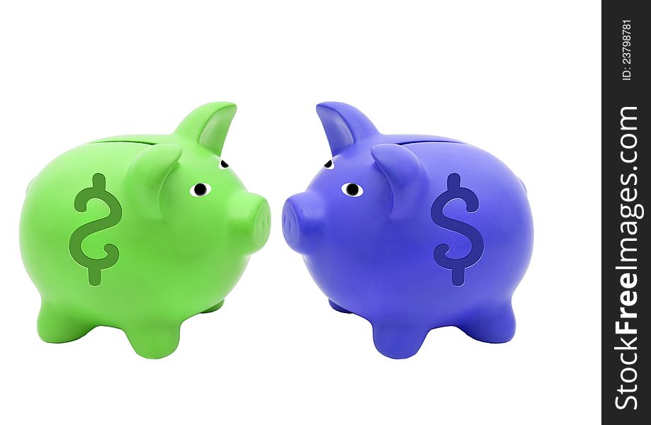 Two Piggy bank green and blue  isolated over white. Two Piggy bank green and blue  isolated over white