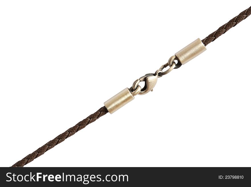 Closeup of cord with metal fastener isolated on white background. Clipping path is included. Closeup of cord with metal fastener isolated on white background. Clipping path is included