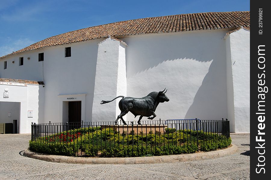 Statue of a bull outside the bullring, Ronda, Malaga Province, Andalucia, Spain, Western Europe.