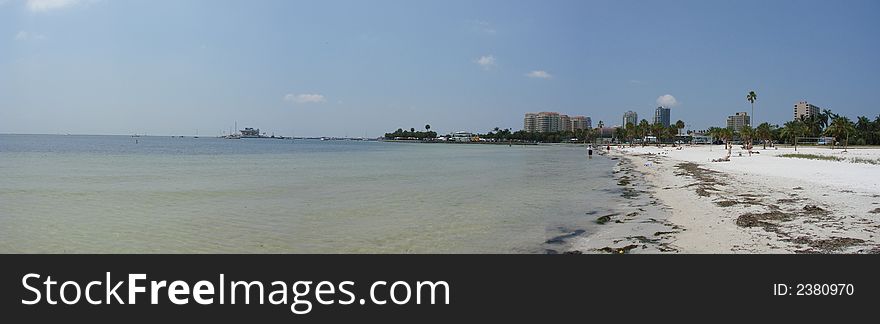 This is a panoramic of the beach and palms