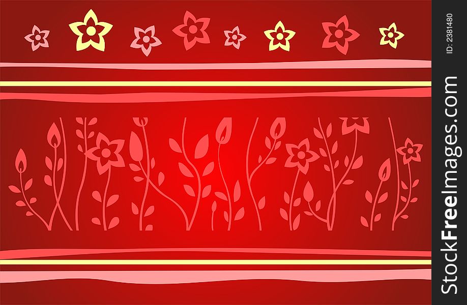 Red silhouettes of flowers on a red background with strips. Red silhouettes of flowers on a red background with strips.