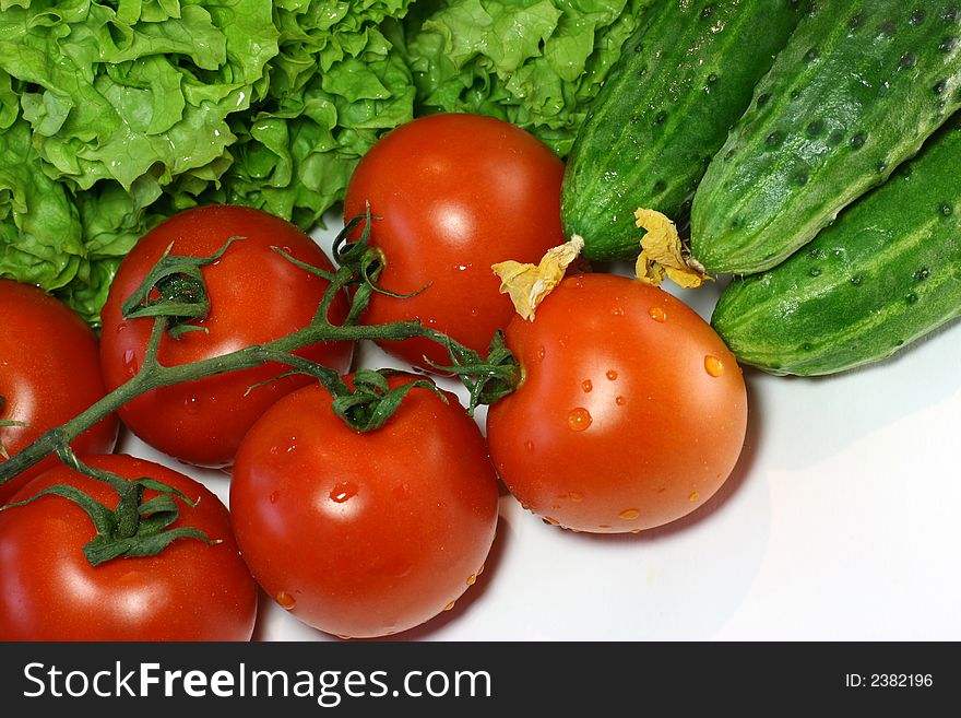 Branch a tomato, cucumbers and leaves of salad. Branch a tomato, cucumbers and leaves of salad