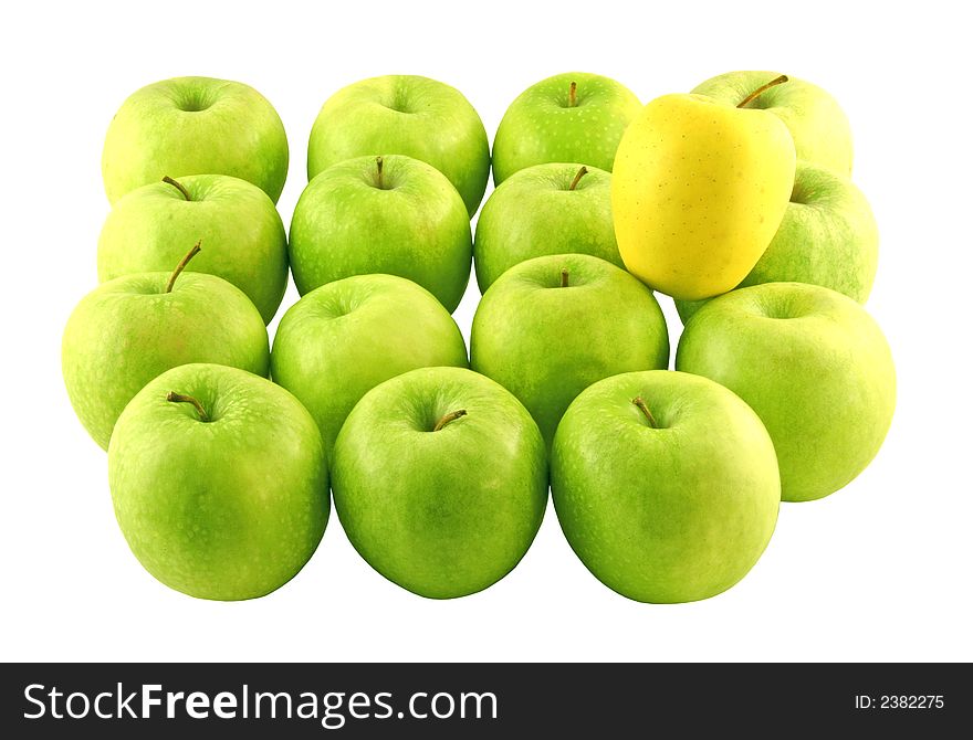 Green apples and a yellow one set on a white background