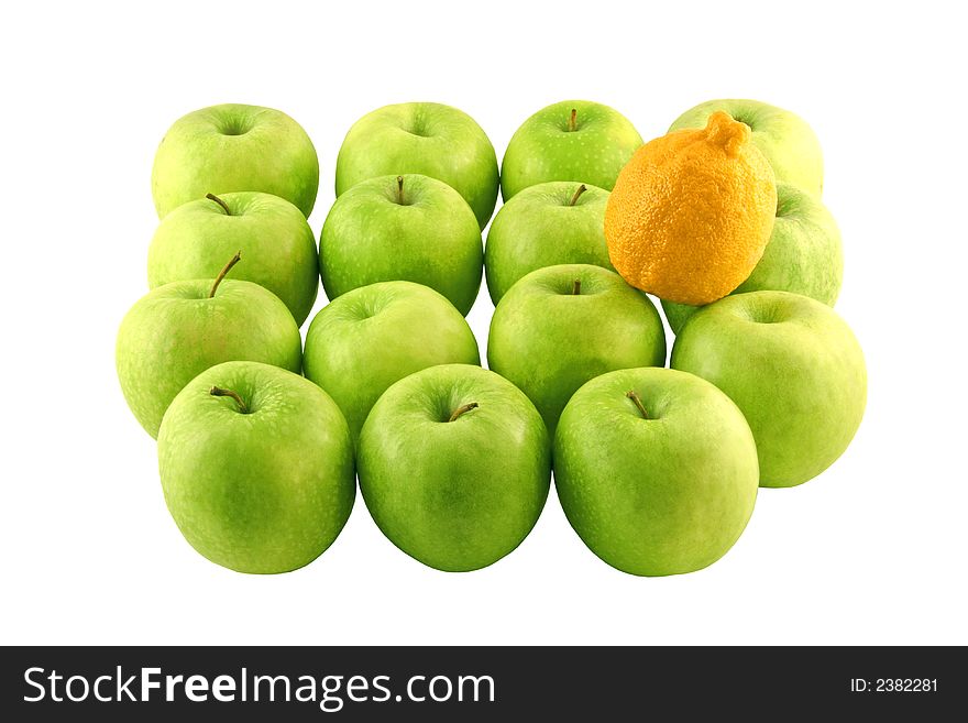 Green apples and a lemon set on a white background