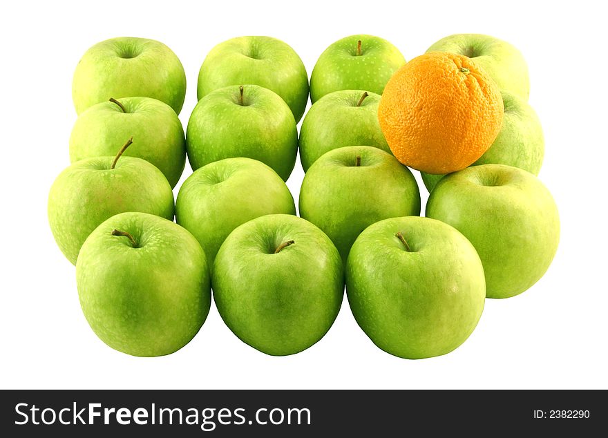 Green apples and an orange set on a white background
