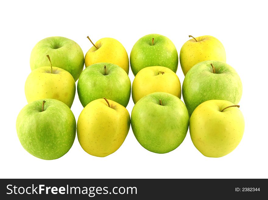 Green and yellow apples set on a white background