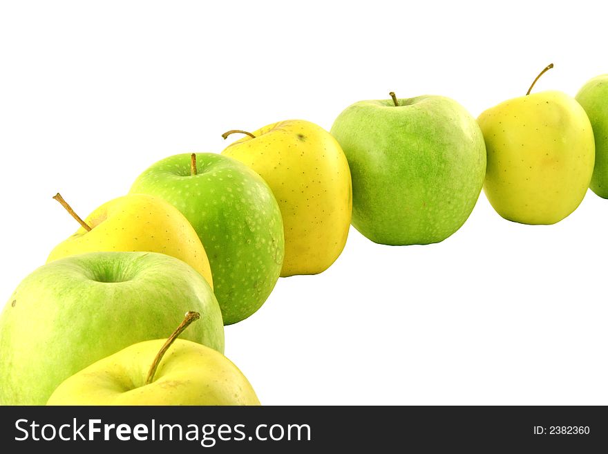 Green and yellow apples set on a white background