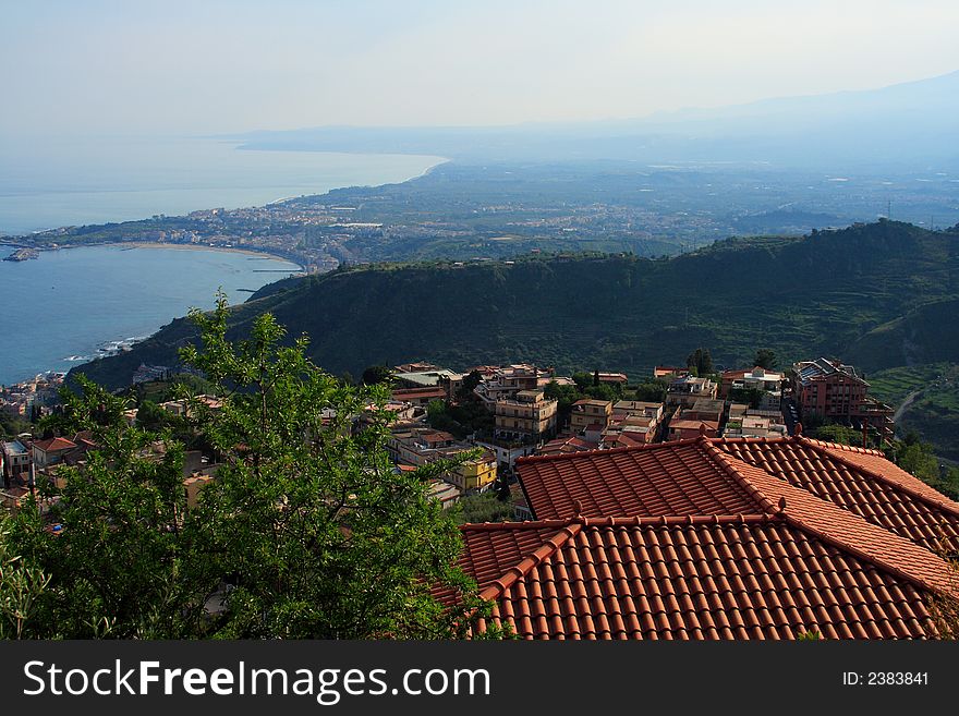 Dominant sight on the roofs from the top of the taormina village (east of sicily). Dominant sight on the roofs from the top of the taormina village (east of sicily)